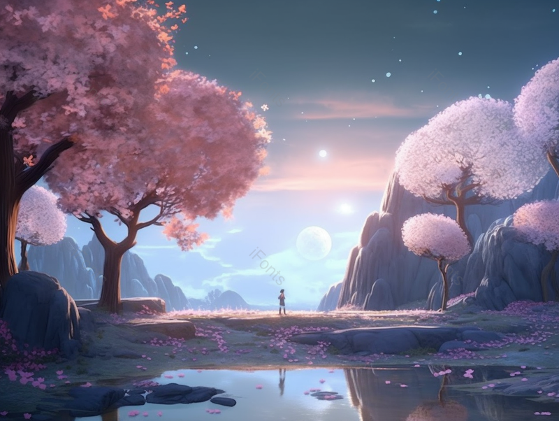 水池桃树樱花桃花夜晚一个人山间望远方月亮星空浪漫夜景插画,插画/手绘图,插画/手绘图库,插画/手绘图下载,插画/手绘